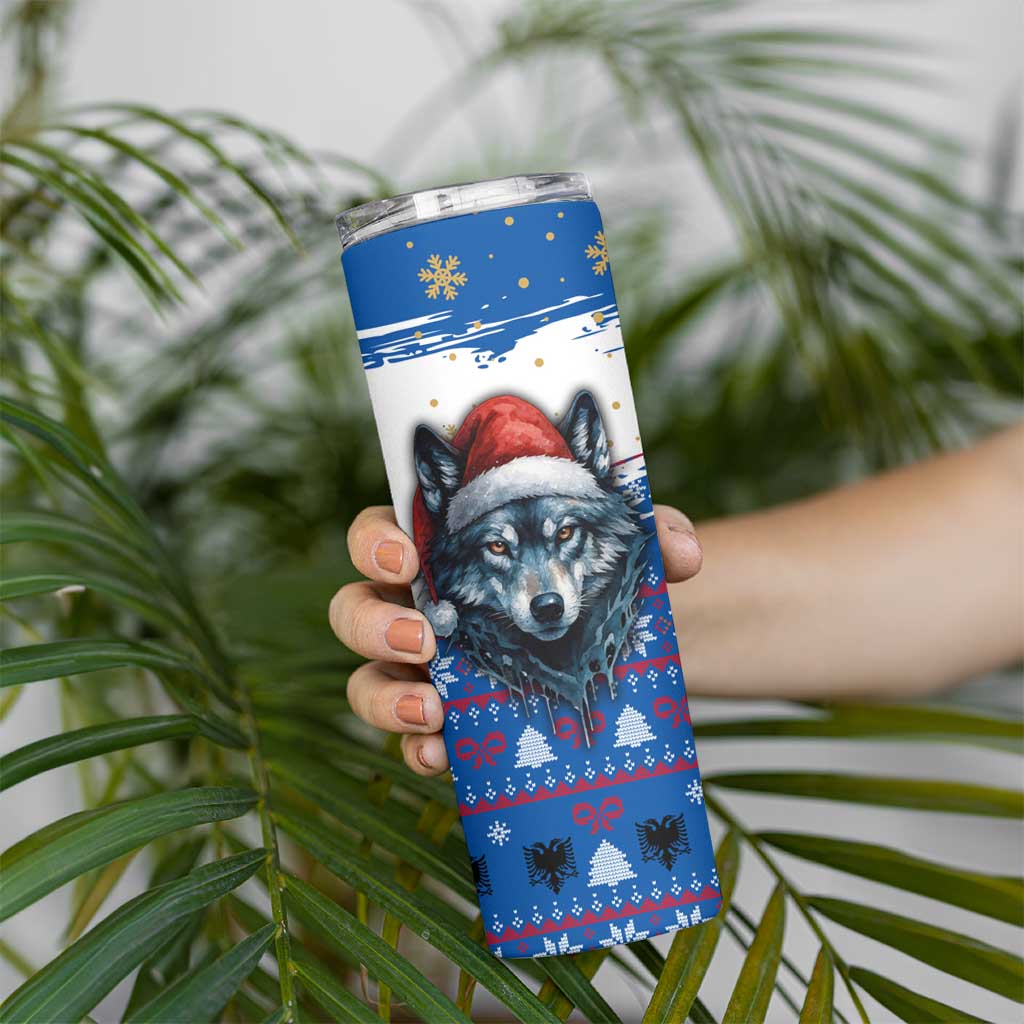 Kosovo Christmas Skinny Tumbler with Santa Wolf Snowflakes Blue Pattern and National Emblem - Wonder Print Shop