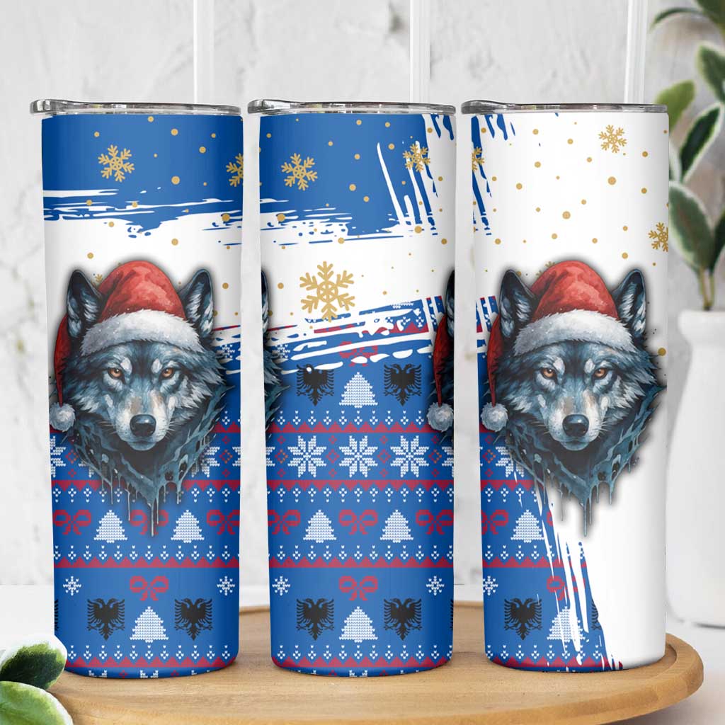 Kosovo Christmas Skinny Tumbler with Santa Wolf Snowflakes Blue Pattern and National Emblem - Wonder Print Shop