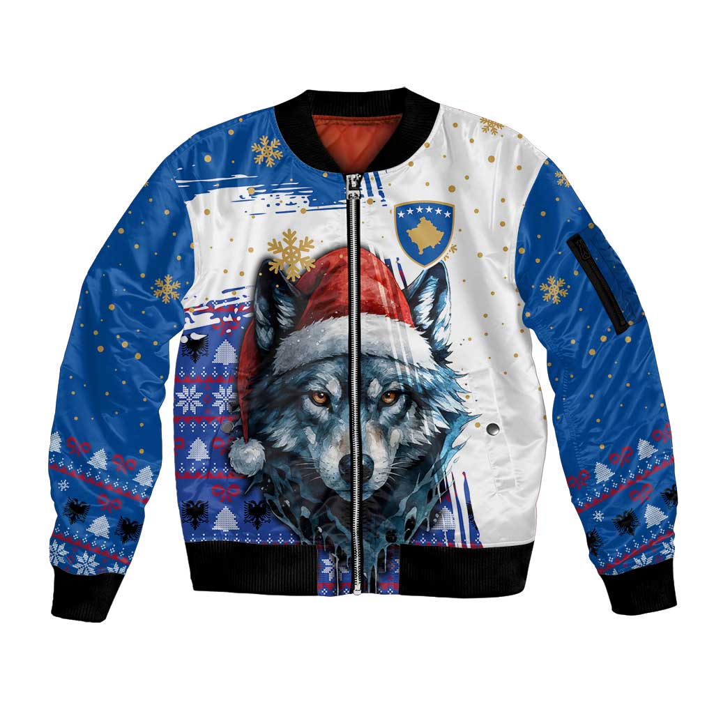 Kosovo Christmas Sleeve Zip Bomber Jacket with Santa Wolf Snowflakes Blue Pattern and National Emblem - Wonder Print Shop