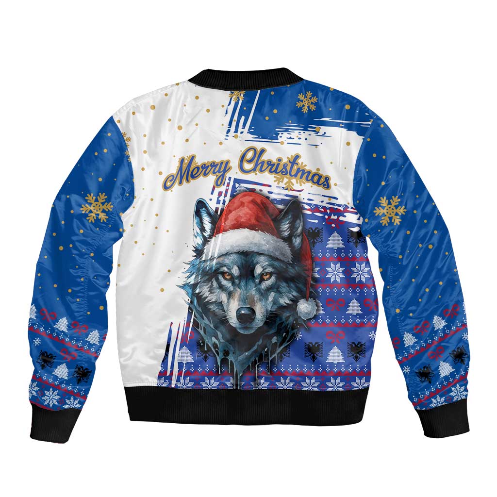 Kosovo Christmas Sleeve Zip Bomber Jacket with Santa Wolf Snowflakes Blue Pattern and National Emblem - Wonder Print Shop