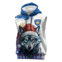 Kosovo Christmas Sleeveless Hoodie with Santa Wolf Snowflakes Blue Pattern and National Emblem - Wonder Print Shop