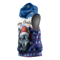 Kosovo Christmas Sleeveless Hoodie with Santa Wolf Snowflakes Blue Pattern and National Emblem - Wonder Print Shop