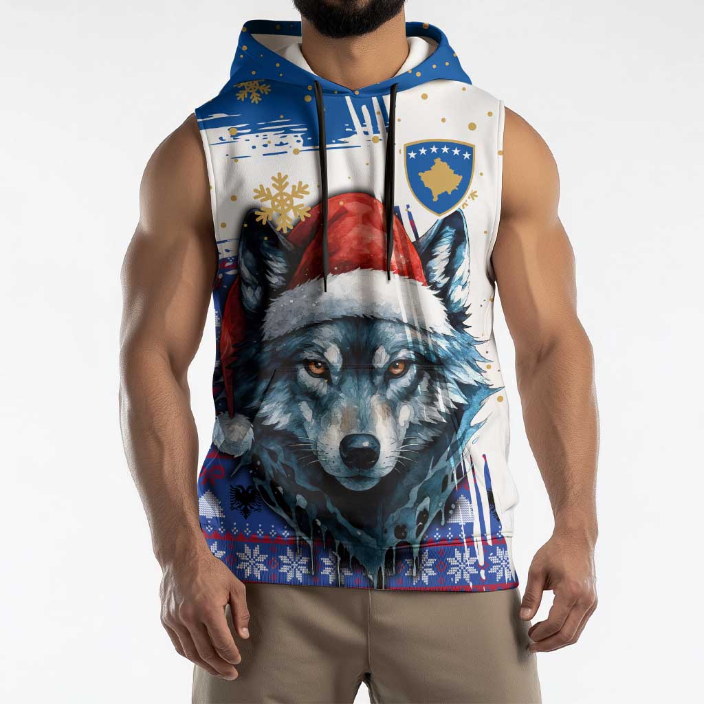Kosovo Christmas Sleeveless Hoodie with Santa Wolf Snowflakes Blue Pattern and National Emblem - Wonder Print Shop