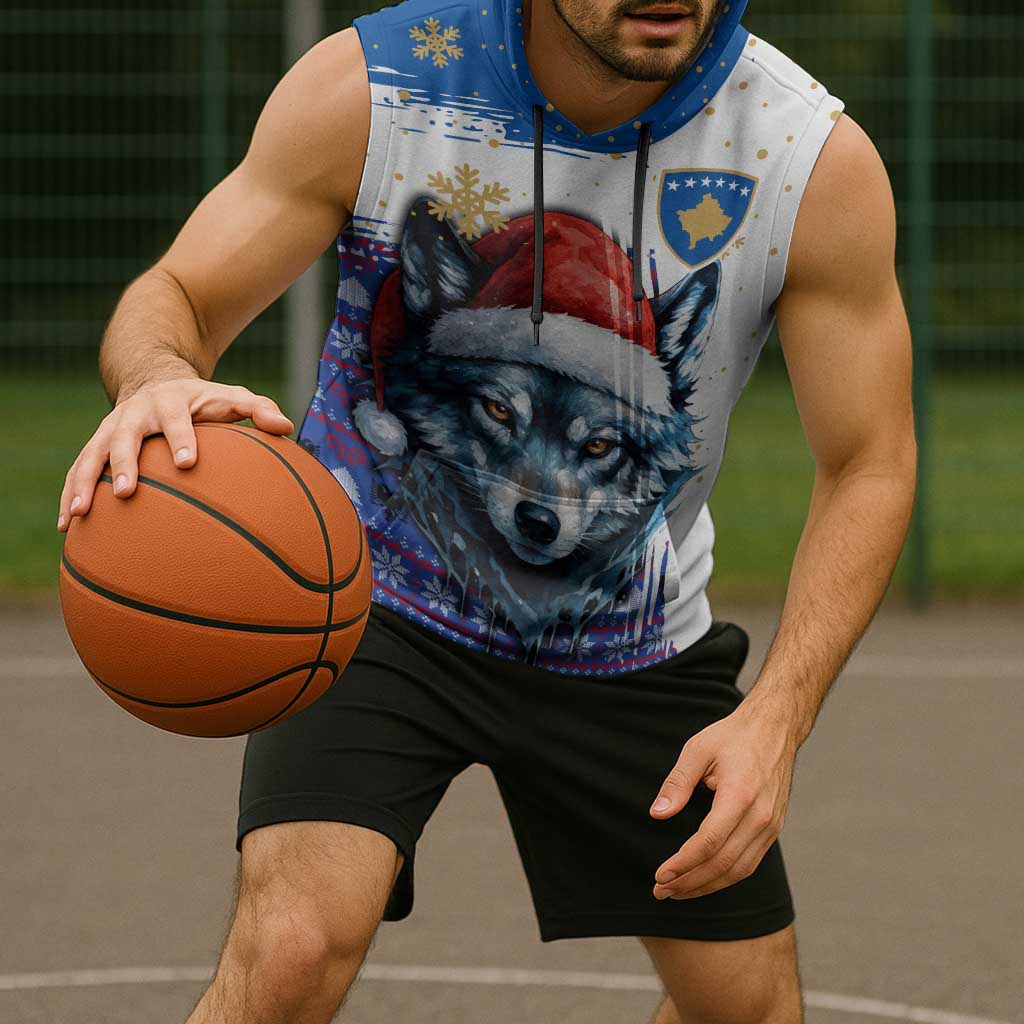 Kosovo Christmas Sleeveless Hoodie with Santa Wolf Snowflakes Blue Pattern and National Emblem - Wonder Print Shop