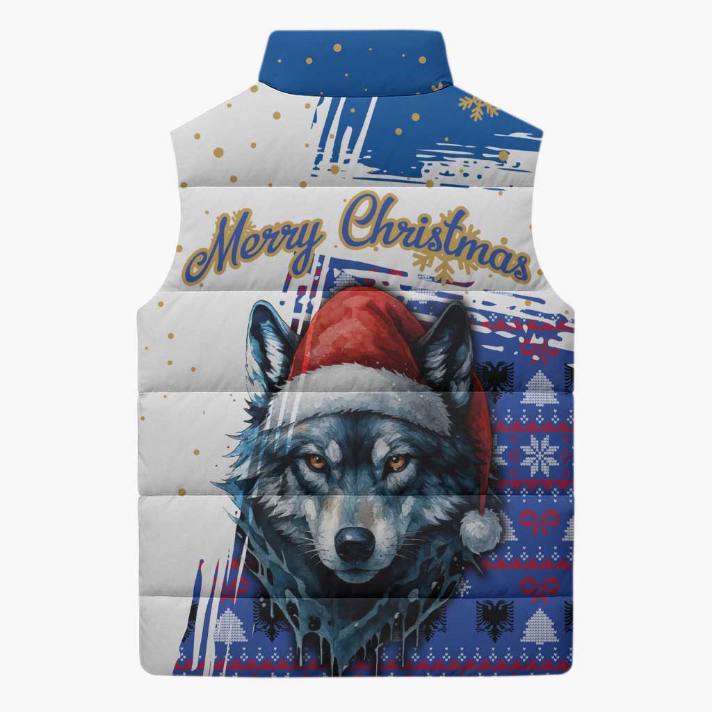Kosovo Christmas Sleeveless Puffer Jacket with Santa Wolf Snowflakes Blue Pattern and National Emblem - Wonder Print Shop