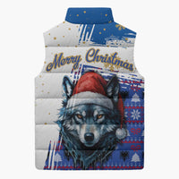 Kosovo Christmas Sleeveless Puffer Jacket with Santa Wolf Snowflakes Blue Pattern and National Emblem - Wonder Print Shop