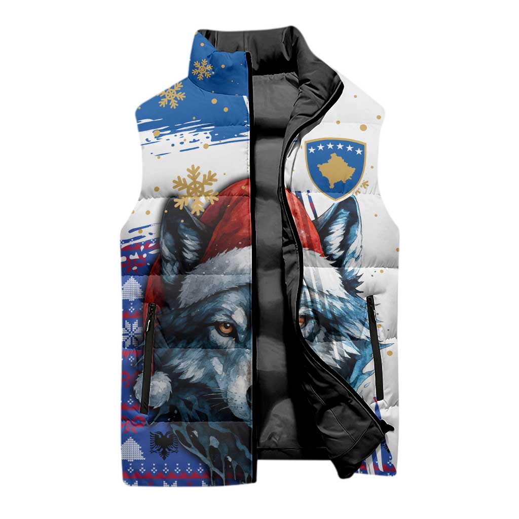 Kosovo Christmas Sleeveless Puffer Jacket with Santa Wolf Snowflakes Blue Pattern and National Emblem - Wonder Print Shop