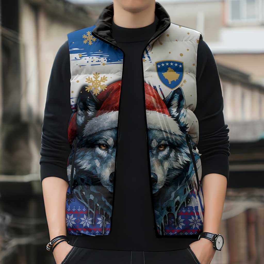Kosovo Christmas Sleeveless Puffer Jacket with Santa Wolf Snowflakes Blue Pattern and National Emblem - Wonder Print Shop