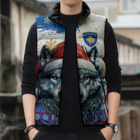 Kosovo Christmas Sleeveless Puffer Jacket with Santa Wolf Snowflakes Blue Pattern and National Emblem - Wonder Print Shop