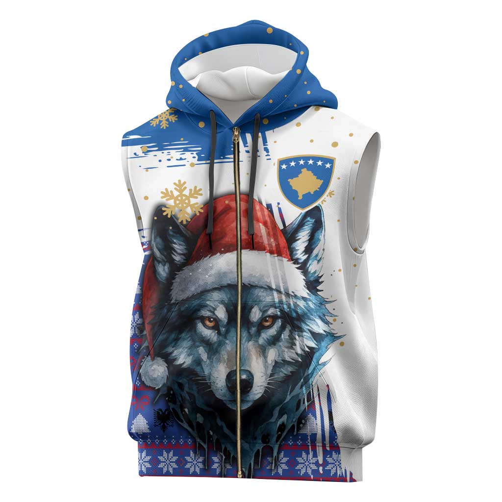 Kosovo Christmas Sleeveless Zip Hoodie with Santa Wolf Snowflakes Blue Pattern and National Emblem - Wonder Print Shop