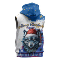 Kosovo Christmas Sleeveless Zip Hoodie with Santa Wolf Snowflakes Blue Pattern and National Emblem - Wonder Print Shop