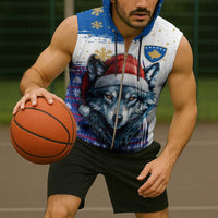 Kosovo Christmas Sleeveless Zip Hoodie with Santa Wolf Snowflakes Blue Pattern and National Emblem - Wonder Print Shop