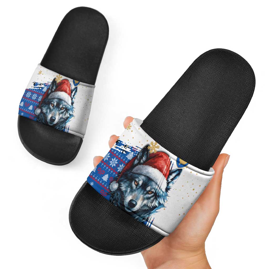 Kosovo Christmas Slide Sandals with Santa Wolf Snowflakes Blue Pattern and National Emblem - Wonder Print Shop
