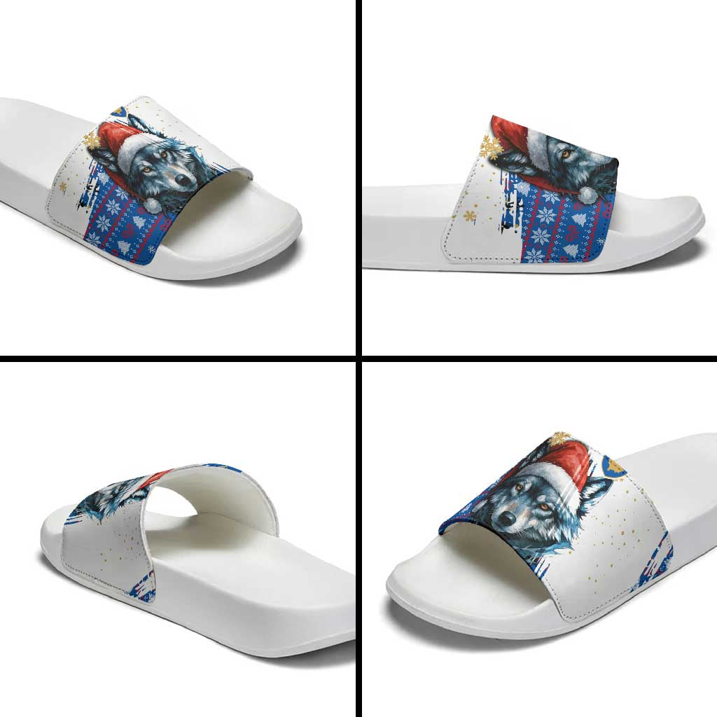 Kosovo Christmas Slide Sandals with Santa Wolf Snowflakes Blue Pattern and National Emblem - Wonder Print Shop