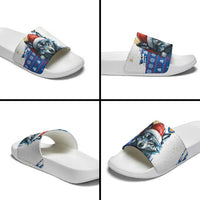 Kosovo Christmas Slide Sandals with Santa Wolf Snowflakes Blue Pattern and National Emblem - Wonder Print Shop