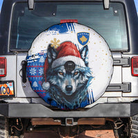 Kosovo Christmas Spare Tire Cover with Santa Wolf Snowflakes Blue Pattern and National Emblem - Wonder Print Shop
