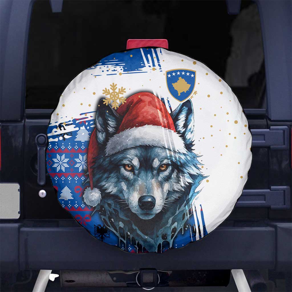 Kosovo Christmas Spare Tire Cover with Santa Wolf Snowflakes Blue Pattern and National Emblem - Wonder Print Shop