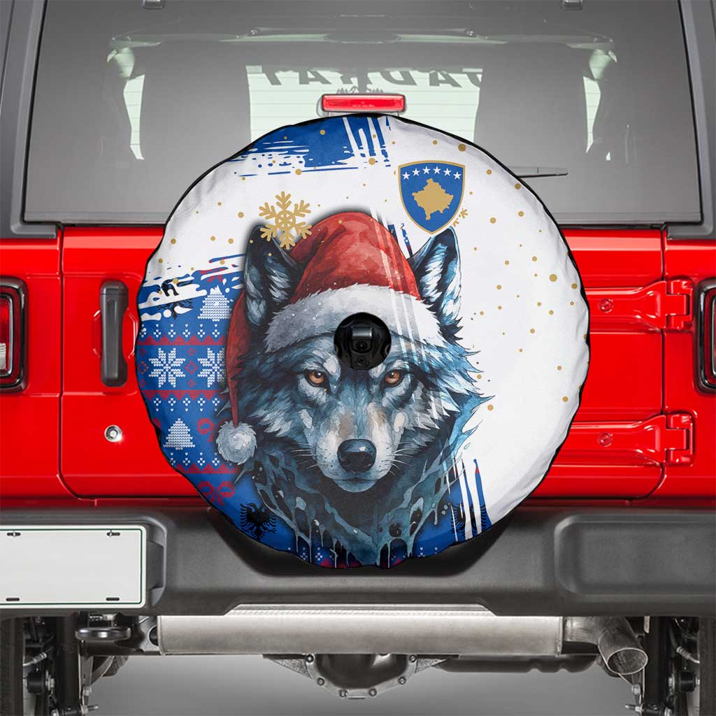 Kosovo Christmas Spare Tire Cover with Santa Wolf Snowflakes Blue Pattern and National Emblem - Wonder Print Shop