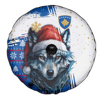Kosovo Christmas Spare Tire Cover with Santa Wolf Snowflakes Blue Pattern and National Emblem - Wonder Print Shop