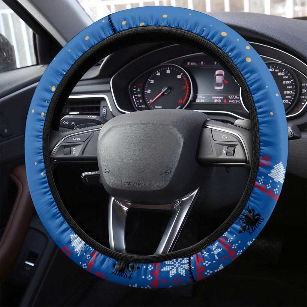 Kosovo Christmas Steering Wheel Cover with Santa Wolf Snowflakes Blue Pattern and National Emblem - Wonder Print Shop