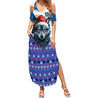 Kosovo Christmas Summer Maxi Dress with Santa Wolf Snowflakes Blue Pattern and National Emblem - Wonder Print Shop