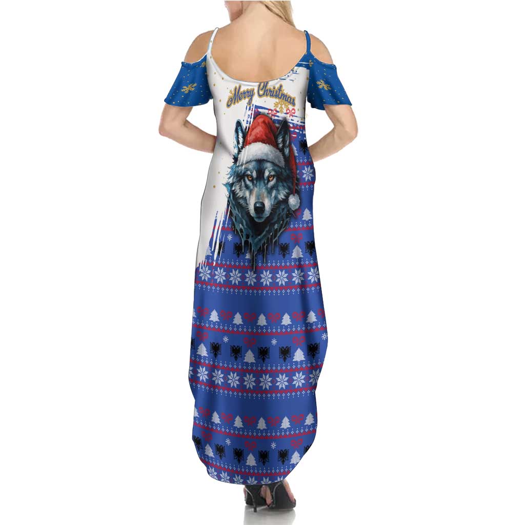 Kosovo Christmas Summer Maxi Dress with Santa Wolf Snowflakes Blue Pattern and National Emblem - Wonder Print Shop
