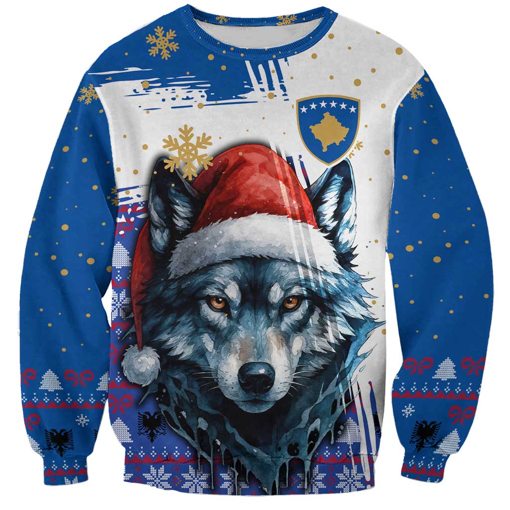 Kosovo Christmas Sweatshirt with Santa Wolf Snowflakes Blue Pattern and National Emblem - Wonder Print Shop