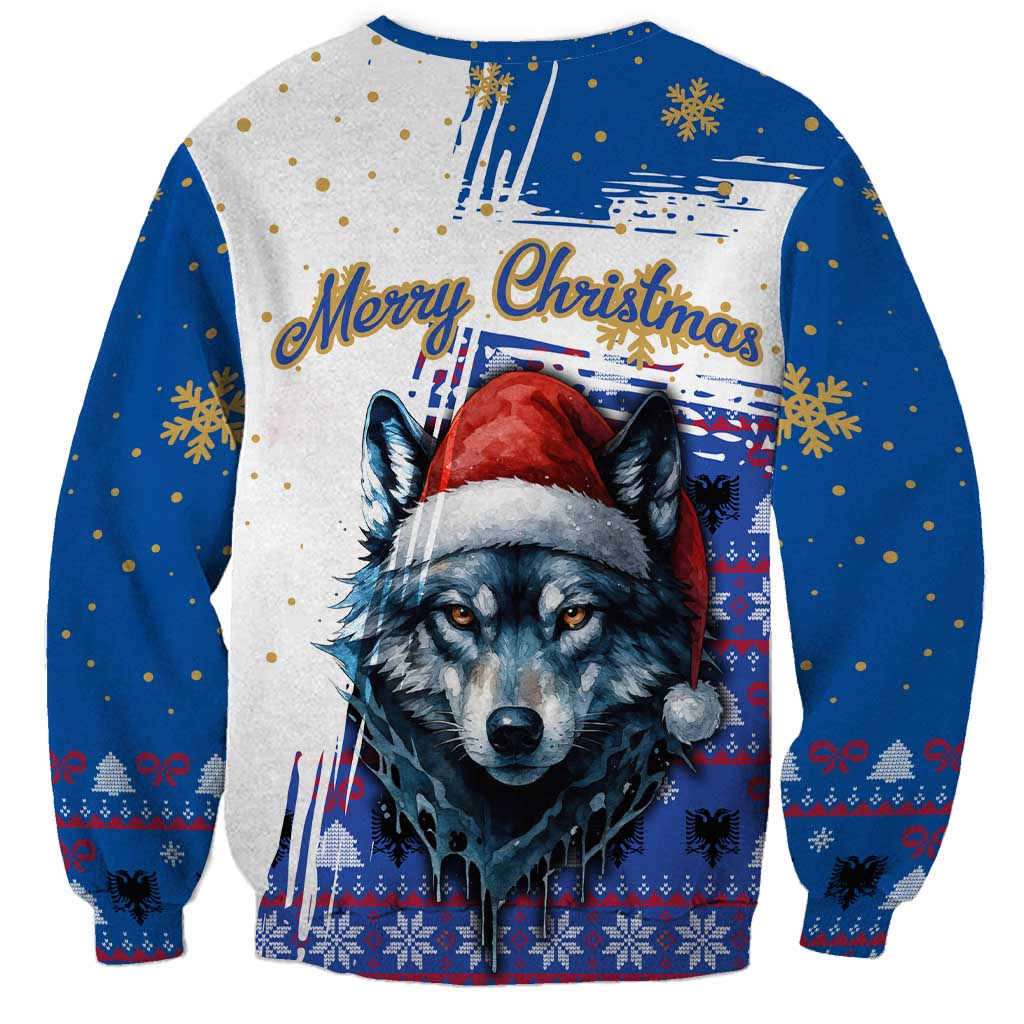 Kosovo Christmas Sweatshirt with Santa Wolf Snowflakes Blue Pattern and National Emblem - Wonder Print Shop