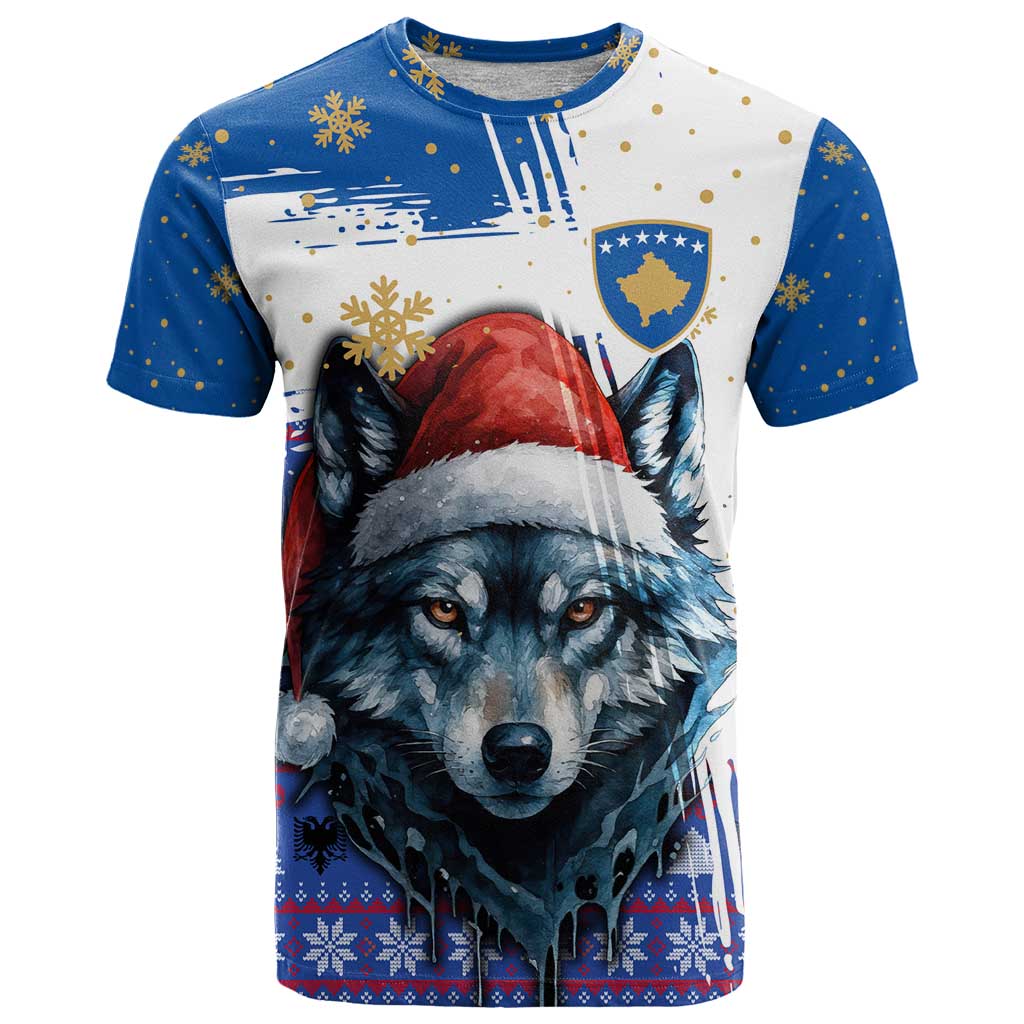 Kosovo Christmas T Shirt with Santa Wolf Snowflakes Blue Pattern and National Emblem - Wonder Print Shop
