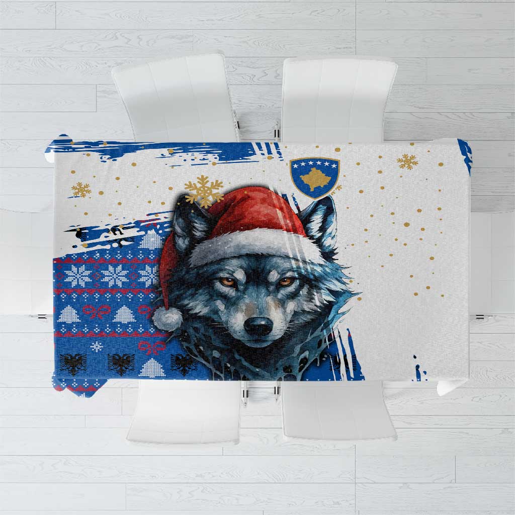 Kosovo Christmas Tablecloth with Santa Wolf Snowflakes Blue Pattern and National Emblem - Wonder Print Shop