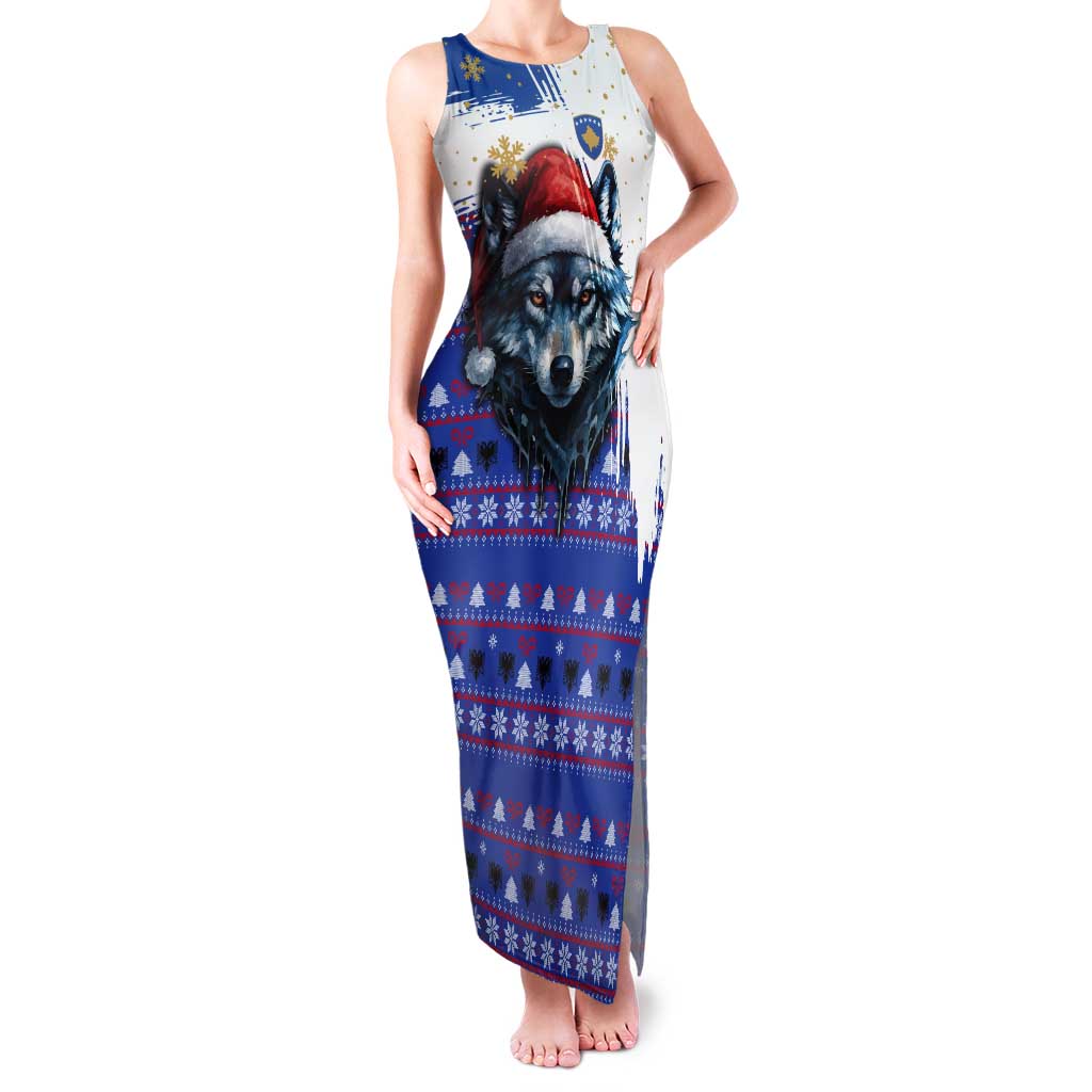 Kosovo Christmas Tank Maxi Dress with Santa Wolf Snowflakes Blue Pattern and National Emblem - Wonder Print Shop