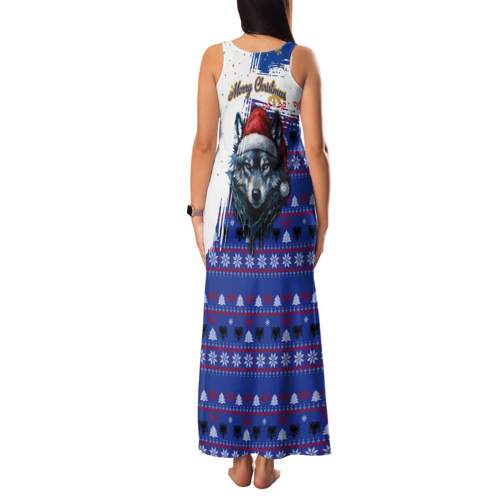 Kosovo Christmas Tank Maxi Dress with Santa Wolf Snowflakes Blue Pattern and National Emblem - Wonder Print Shop