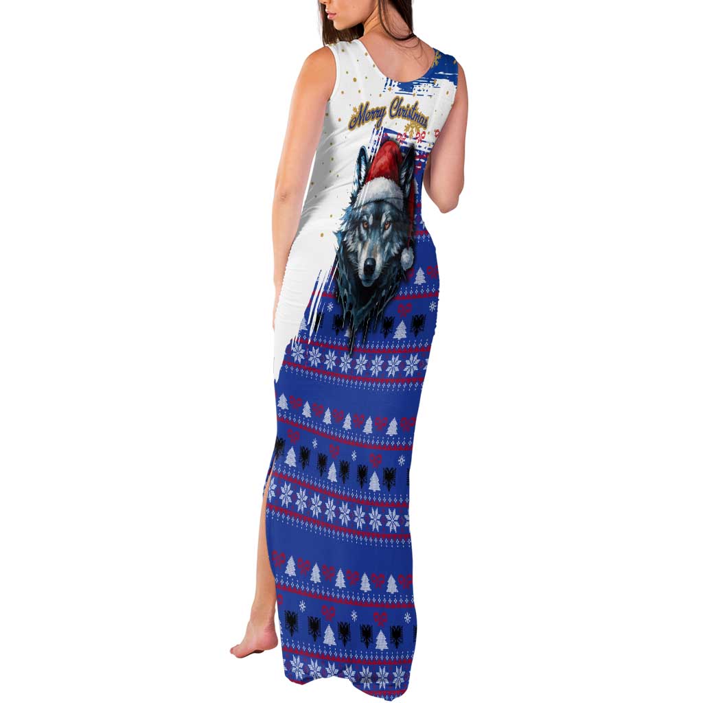 Kosovo Christmas Tank Maxi Dress with Santa Wolf Snowflakes Blue Pattern and National Emblem - Wonder Print Shop