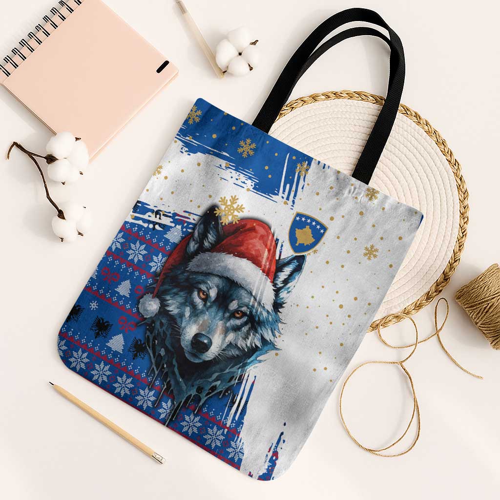 Kosovo Christmas Tote Bag with Santa Wolf Snowflakes Blue Pattern and National Emblem - Wonder Print Shop