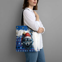 Kosovo Christmas Tote Bag with Santa Wolf Snowflakes Blue Pattern and National Emblem - Wonder Print Shop