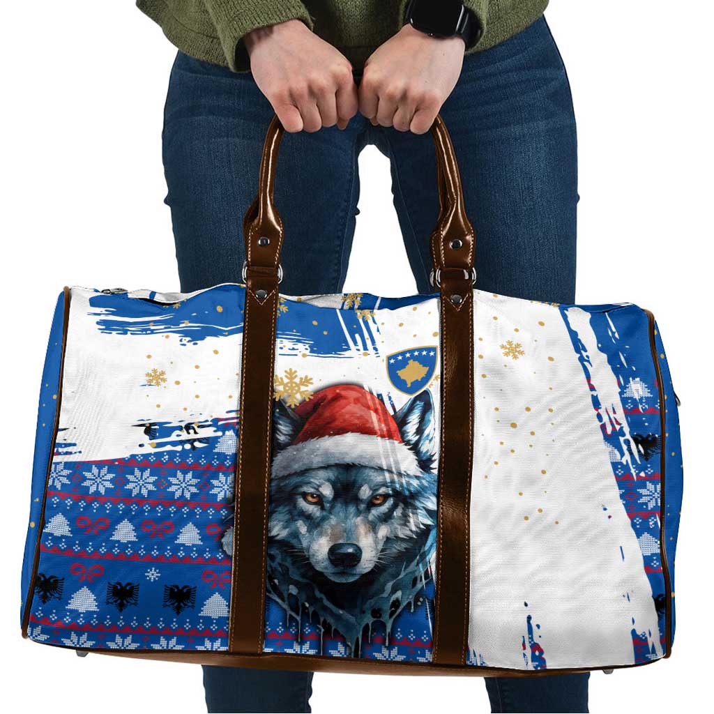 Kosovo Christmas Travel Bag with Santa Wolf Snowflakes Blue Pattern and National Emblem - Wonder Print Shop