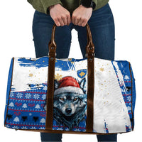 Kosovo Christmas Travel Bag with Santa Wolf Snowflakes Blue Pattern and National Emblem - Wonder Print Shop