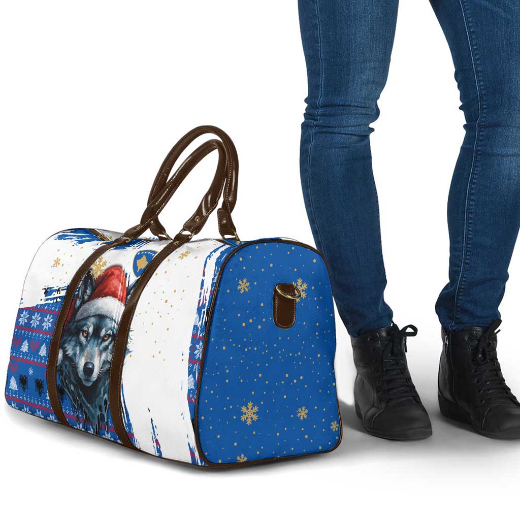 Kosovo Christmas Travel Bag with Santa Wolf Snowflakes Blue Pattern and National Emblem - Wonder Print Shop