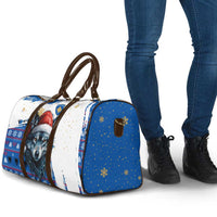 Kosovo Christmas Travel Bag with Santa Wolf Snowflakes Blue Pattern and National Emblem - Wonder Print Shop