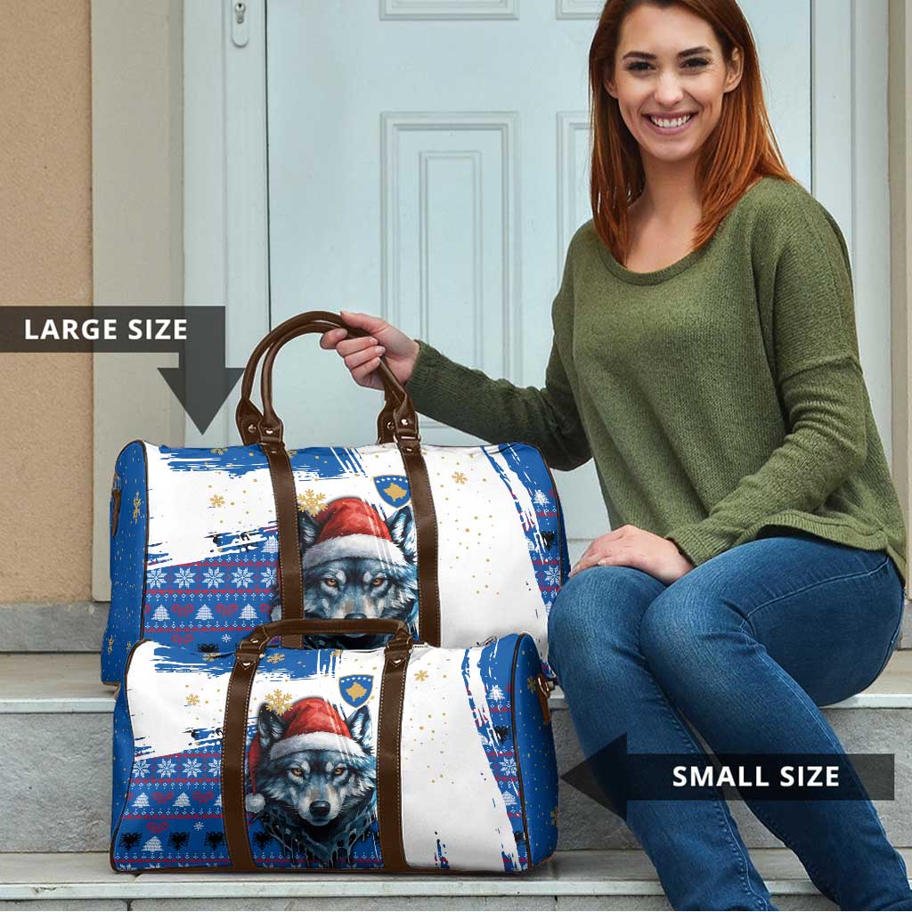 Kosovo Christmas Travel Bag with Santa Wolf Snowflakes Blue Pattern and National Emblem - Wonder Print Shop
