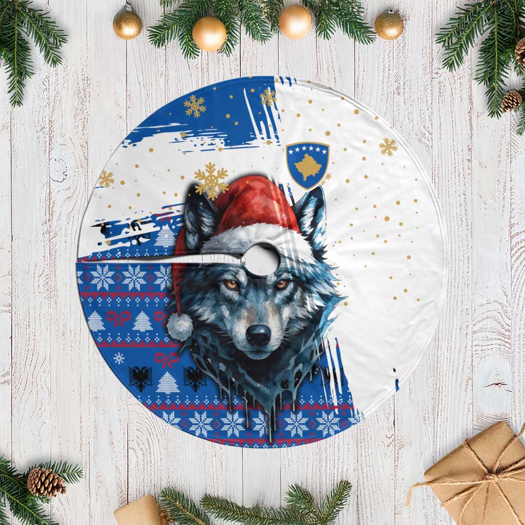 Kosovo Christmas Tree Skirt with Santa Wolf Snowflakes Blue Pattern and National Emblem - Wonder Print Shop