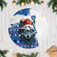 Kosovo Christmas Tree Skirt with Santa Wolf Snowflakes Blue Pattern and National Emblem - Wonder Print Shop