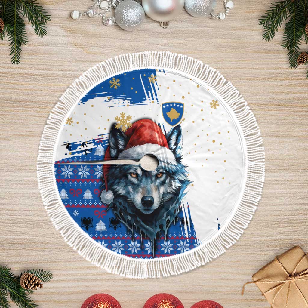 Kosovo Christmas Tree Skirt with Santa Wolf Snowflakes Blue Pattern and National Emblem - Wonder Print Shop