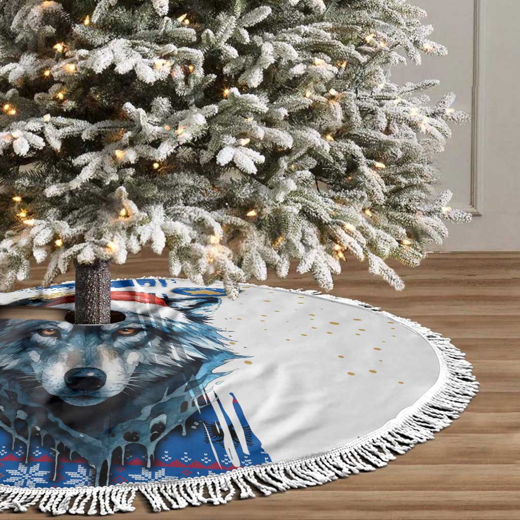 Kosovo Christmas Tree Skirt with Santa Wolf Snowflakes Blue Pattern and National Emblem - Wonder Print Shop