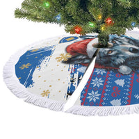 Kosovo Christmas Tree Skirt with Santa Wolf Snowflakes Blue Pattern and National Emblem - Wonder Print Shop