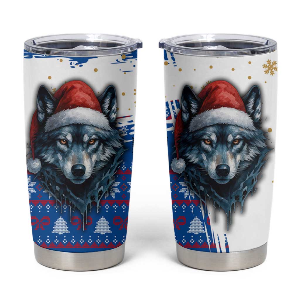Kosovo Christmas Tumbler Cup with Santa Wolf Snowflakes Blue Pattern and National Emblem - Wonder Print Shop