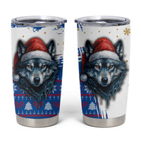 Kosovo Christmas Tumbler Cup with Santa Wolf Snowflakes Blue Pattern and National Emblem - Wonder Print Shop