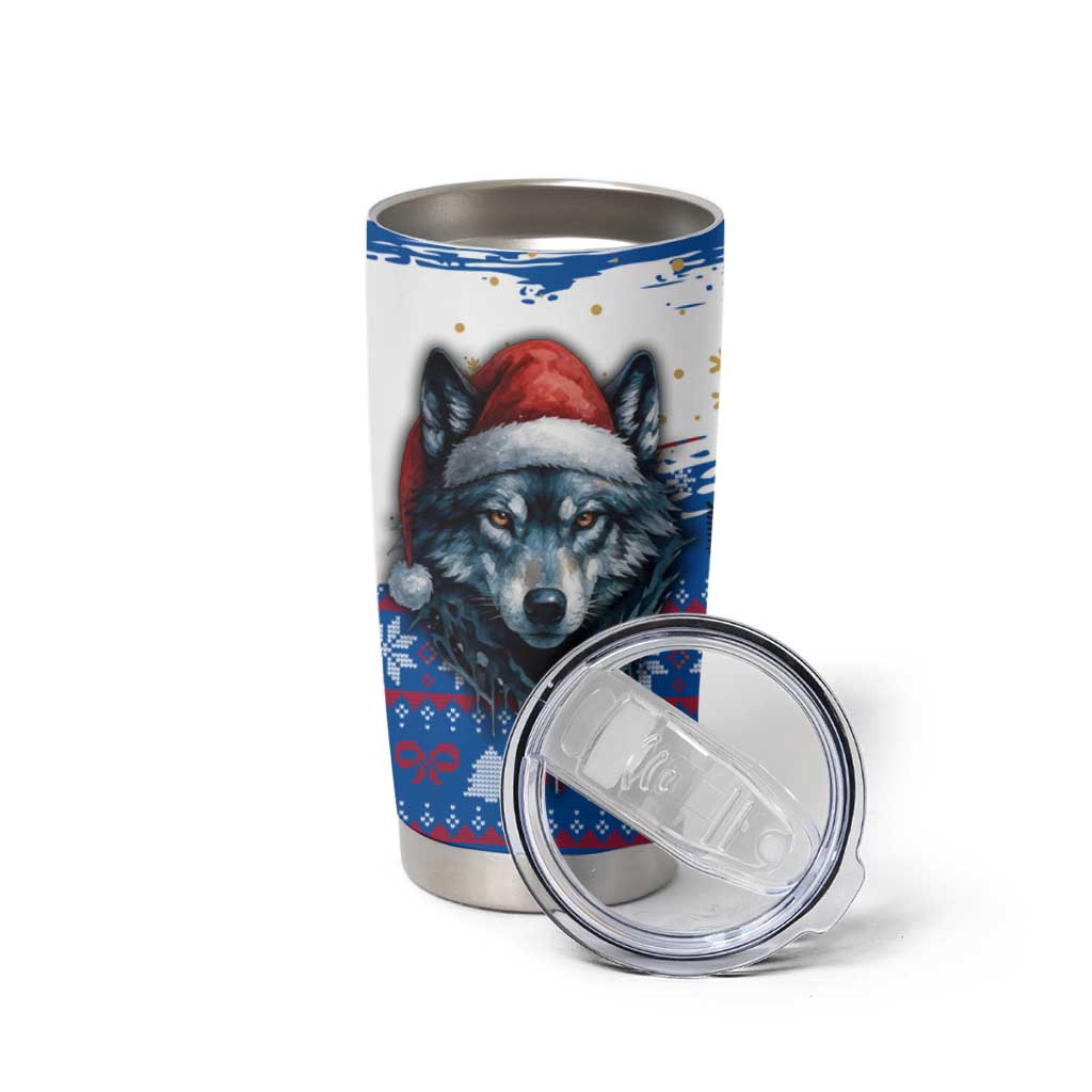 Kosovo Christmas Tumbler Cup with Santa Wolf Snowflakes Blue Pattern and National Emblem - Wonder Print Shop