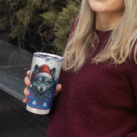 Kosovo Christmas Tumbler Cup with Santa Wolf Snowflakes Blue Pattern and National Emblem - Wonder Print Shop