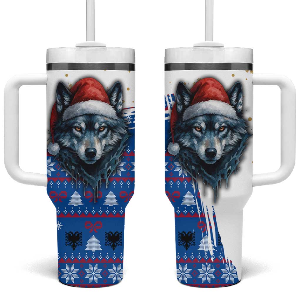 Kosovo Christmas Tumbler With Handle with Santa Wolf Snowflakes Blue Pattern and National Emblem - Wonder Print Shop